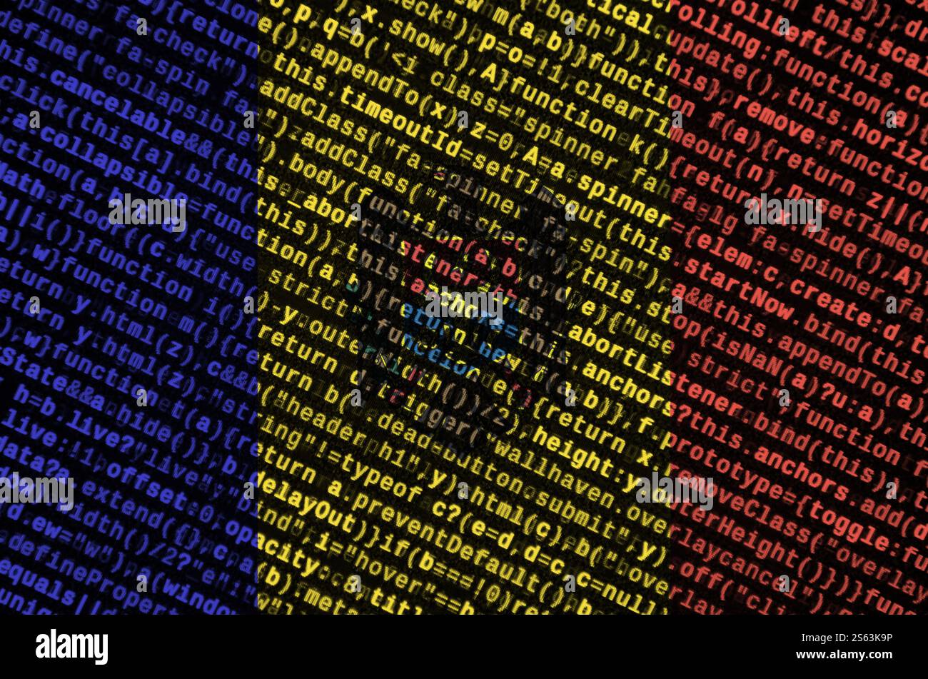 Moldova flag is depicted on the screen with the program code. The concept of modern technology and site development. Moldova flag is depicted on the Stock Photo