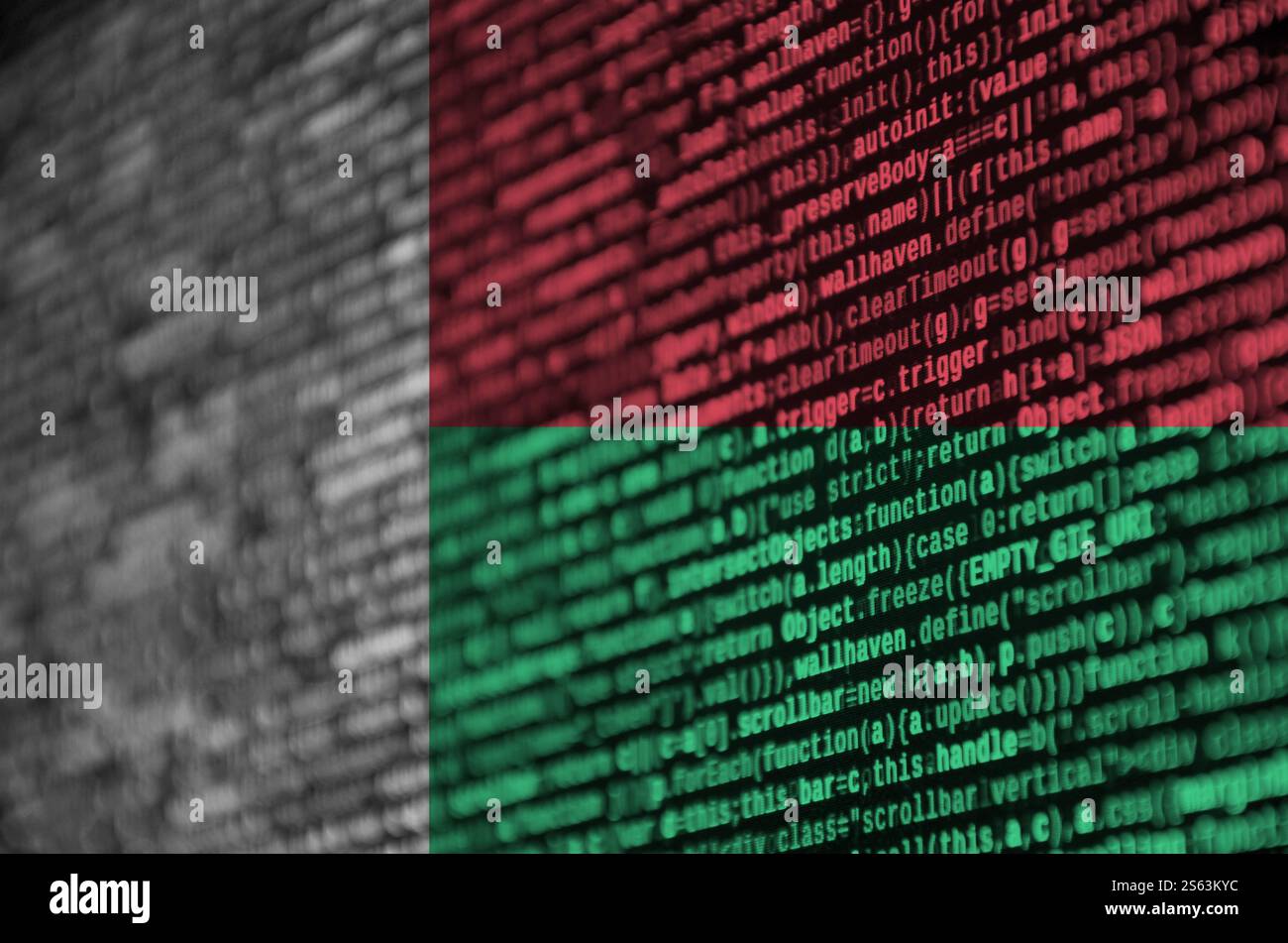 Madagascar flag is depicted on the screen with the program code. The concept of modern technology and site development. Madagascar flag is depicted Stock Photo
