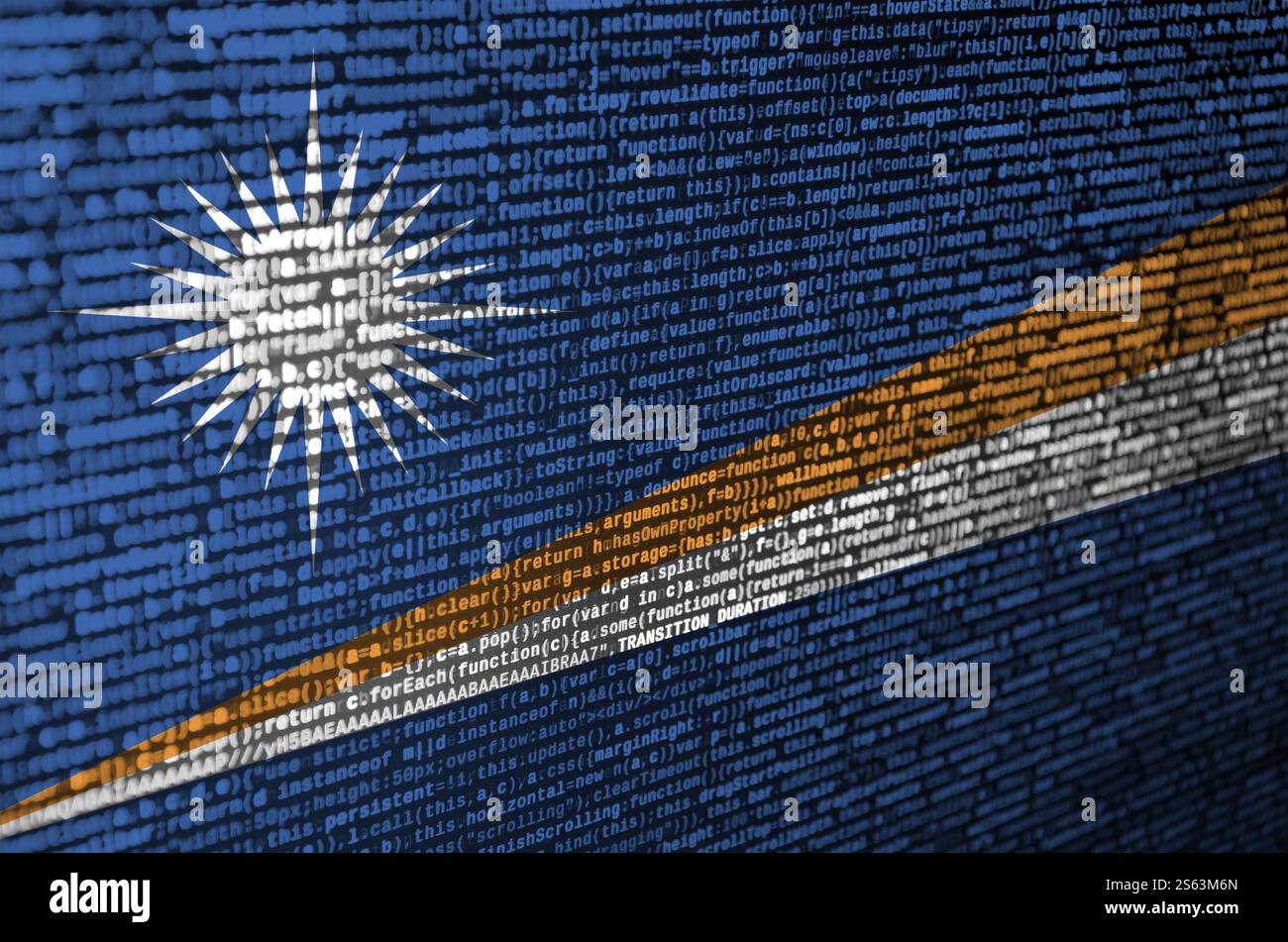Marshall Islands flag is depicted on the screen with the program code. The concept of modern technology and site development. Marshall Islands flag Stock Photo