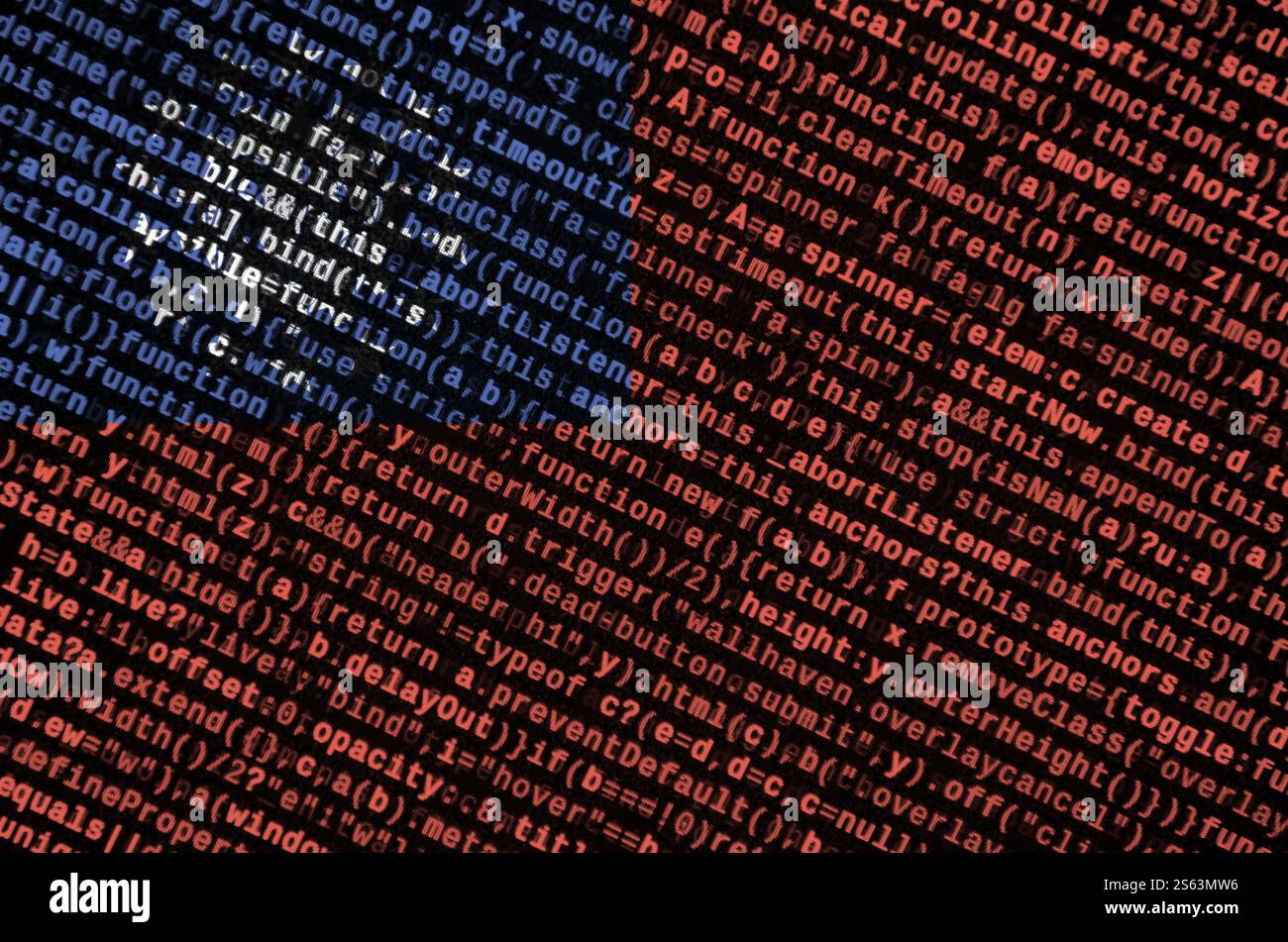 Myanmar flag is depicted on the screen with the program code. The concept of modern technology and site development. Myanmar flag is depicted on the Stock Photo