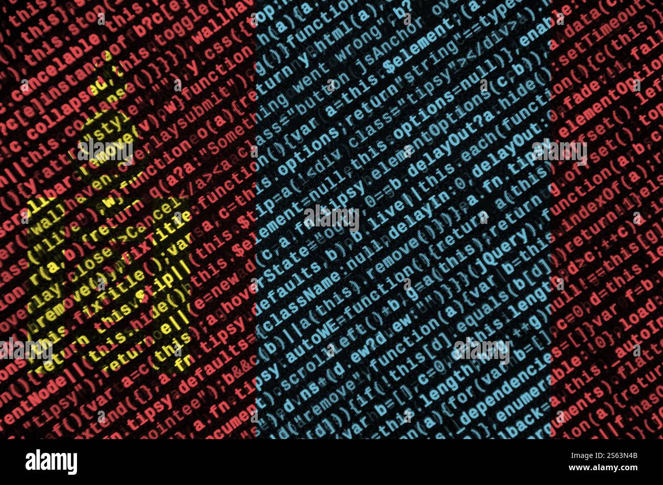Mongolia flag is depicted on the screen with the program code. The concept of modern technology and site development. Mongolia flag is depicted on Stock Photo
