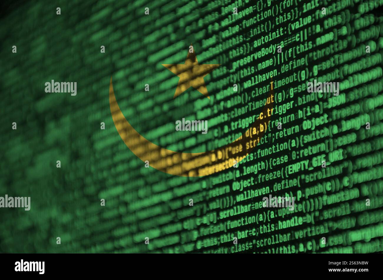 Mauritania flag is depicted on the screen with the program code. The concept of modern technology and site development. Mauritania flag is depicted Stock Photo