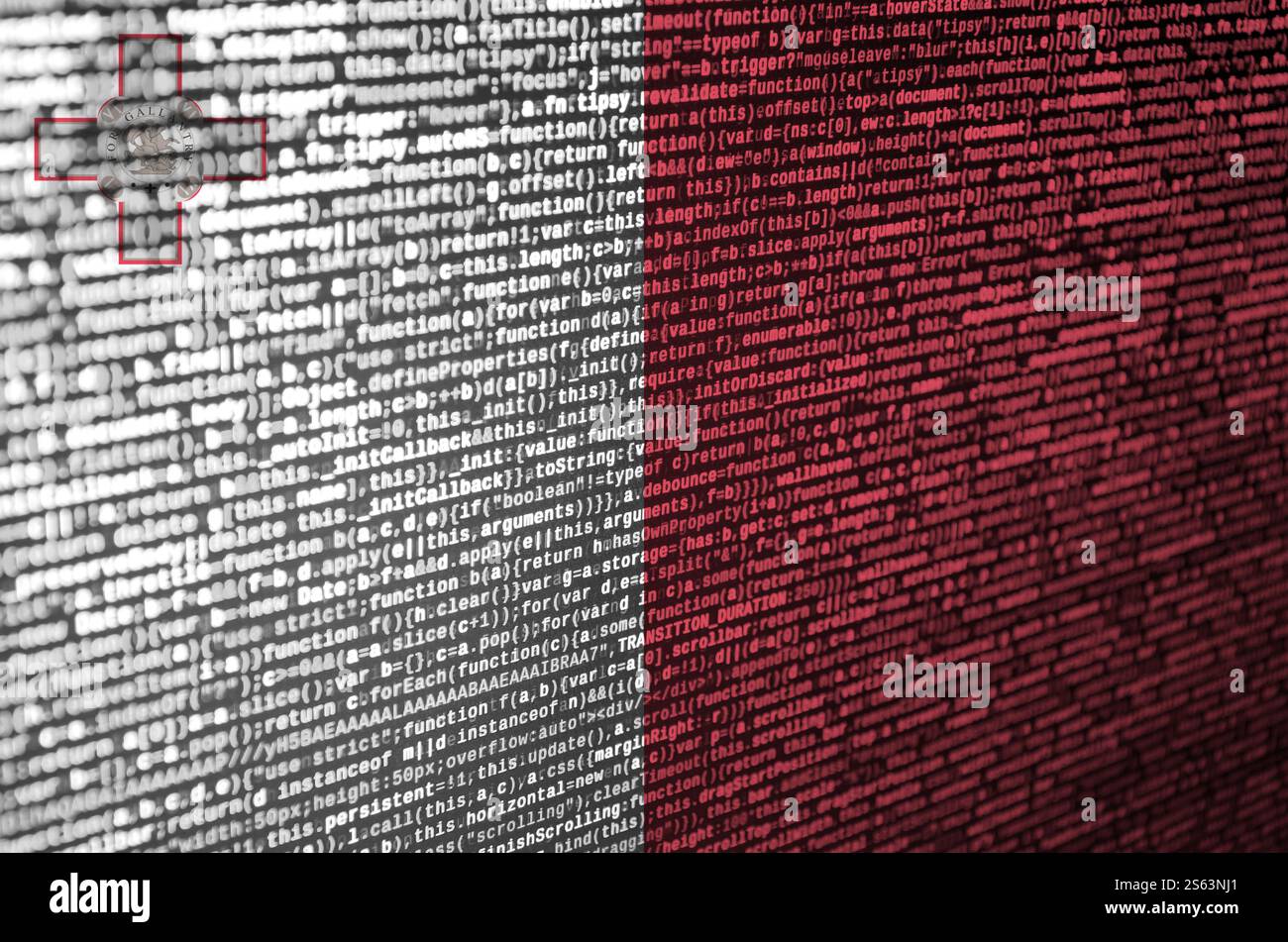 Malta flag is depicted on the screen with the program code. The concept of modern technology and site development. Malta flag is depicted on the Stock Photo