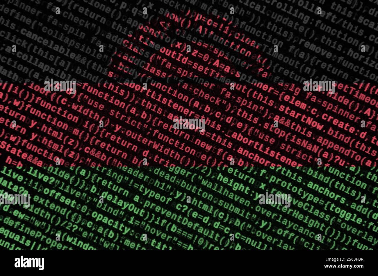Malawi flag is depicted on the screen with the program code. The concept of modern technology and site development. Malawi flag is depicted on the Stock Photo