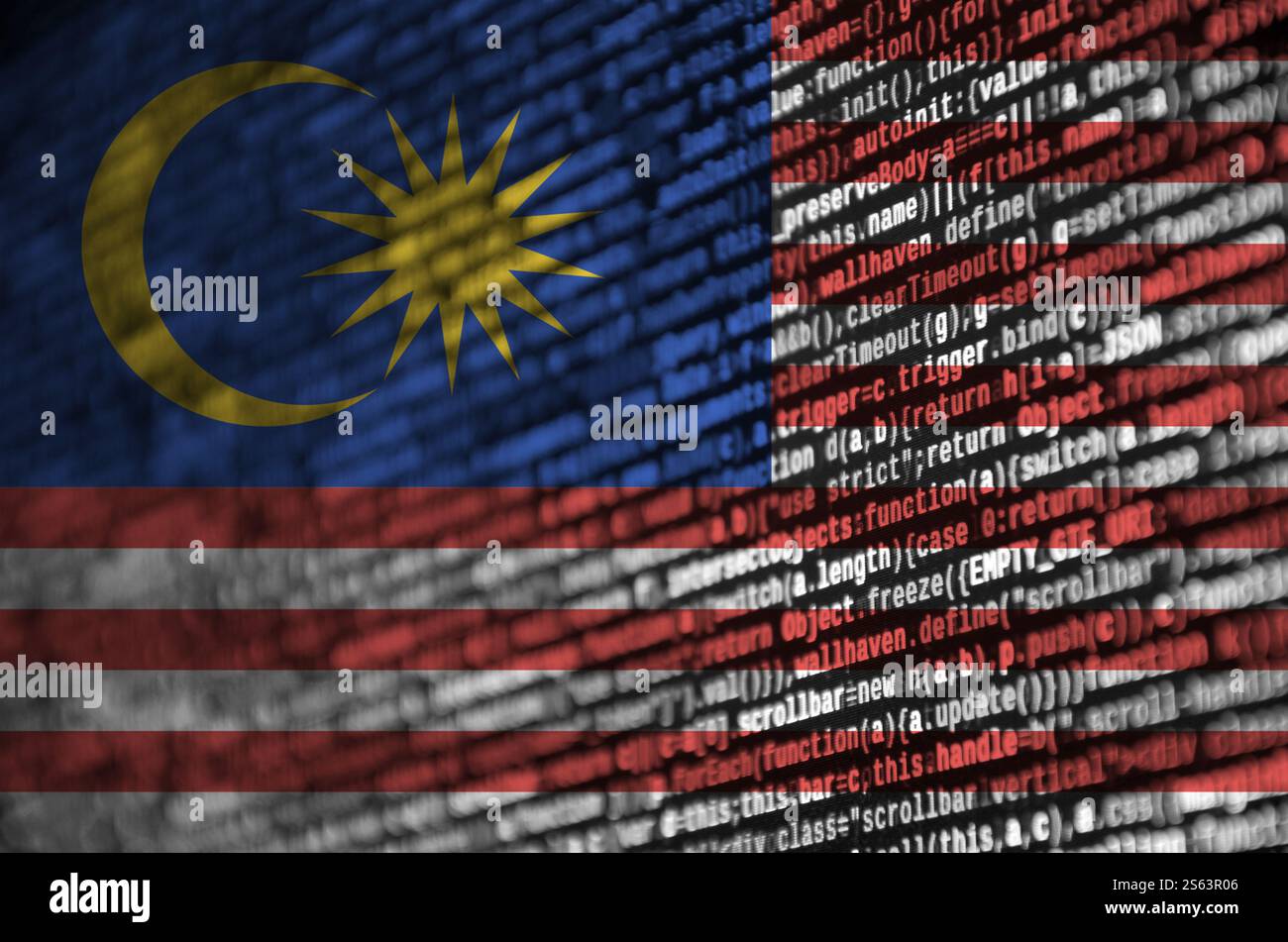 Malaysia flag is depicted on the screen with the program code. The concept of modern technology and site development. Malaysia flag is depicted on Stock Photo
