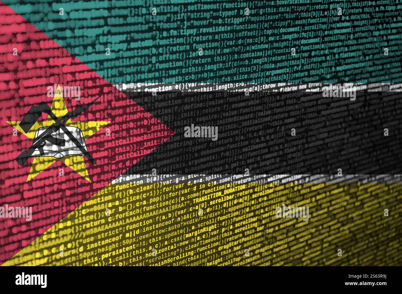 Mozambique flag is depicted on the screen with the program code. The concept of modern technology and site development. Mozambique flag is depicted Stock Photo