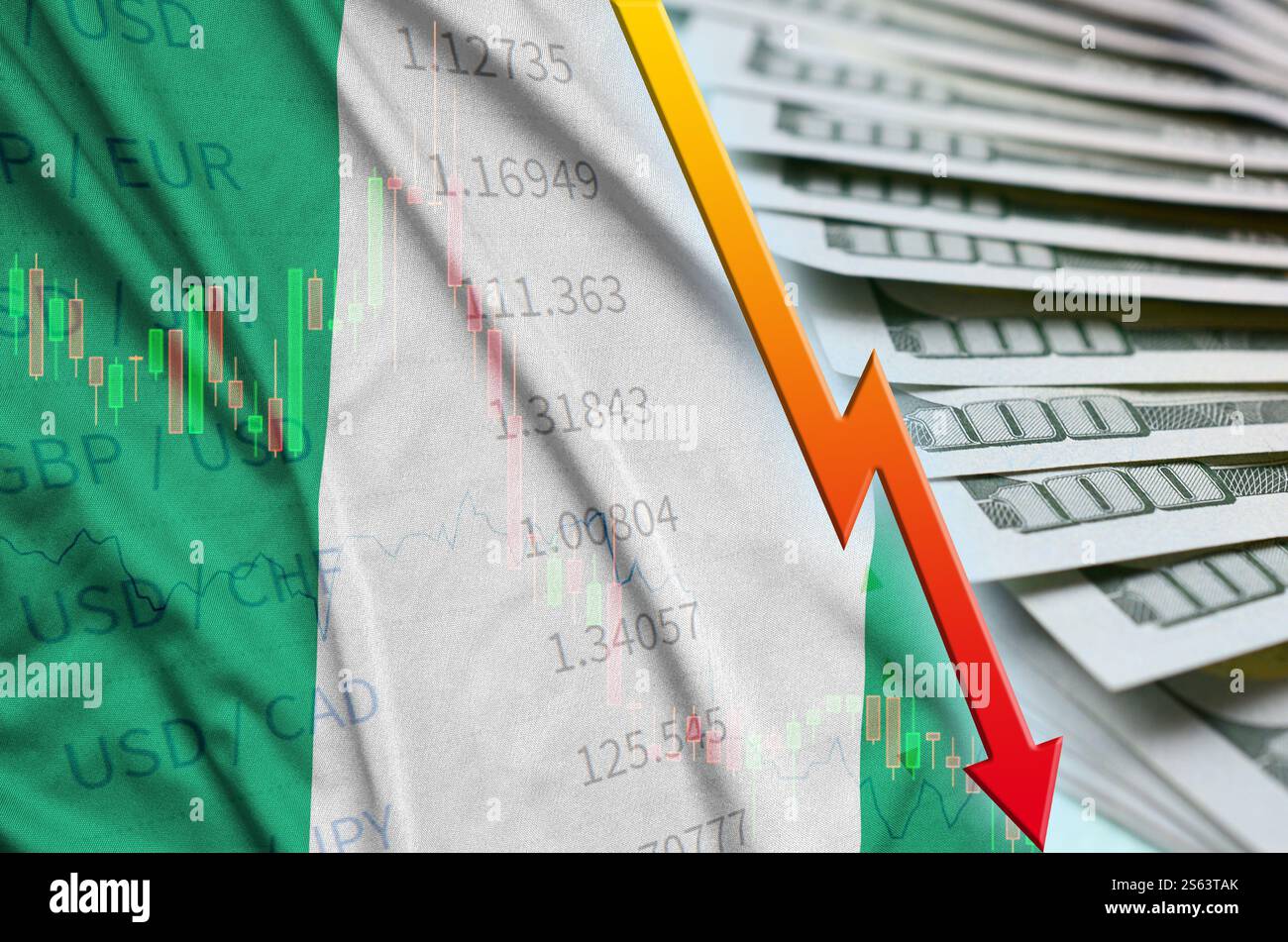 Nigeria flag and chart falling US dollar position with a fan of dollar