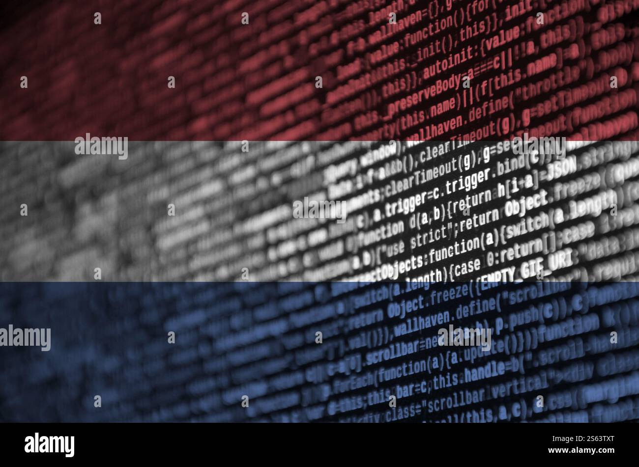 Netherlands flag is depicted on the screen with the program code. The concept of modern technology and site development. Netherlands flag is depicted Stock Photo