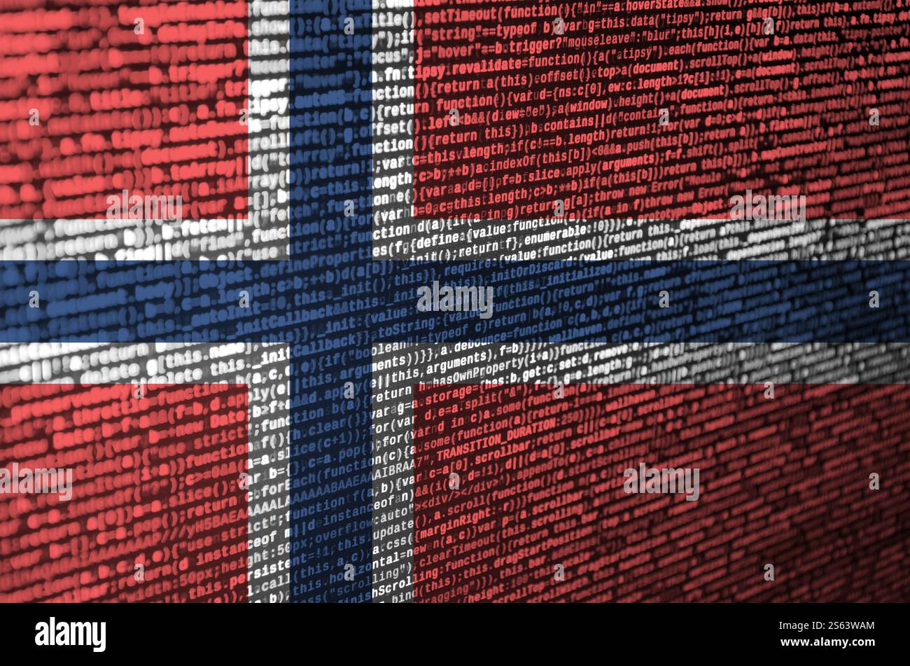 Norway flag is depicted on the screen with the program code. The concept of modern technology and site development. Norway flag is depicted on the Stock Photo