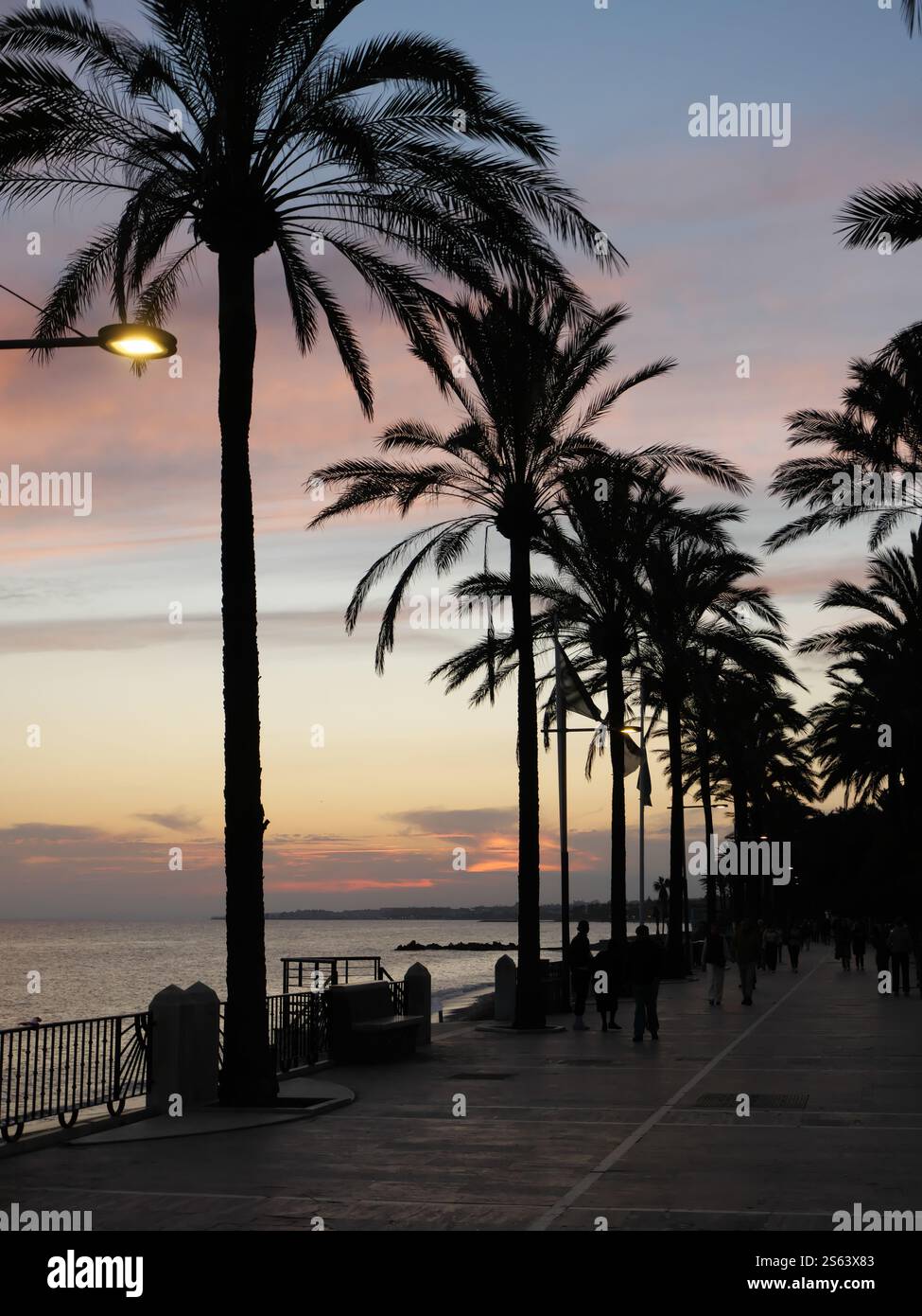 Silhouettes of Plamen in the sunset of Marbella Spain Stock Photo