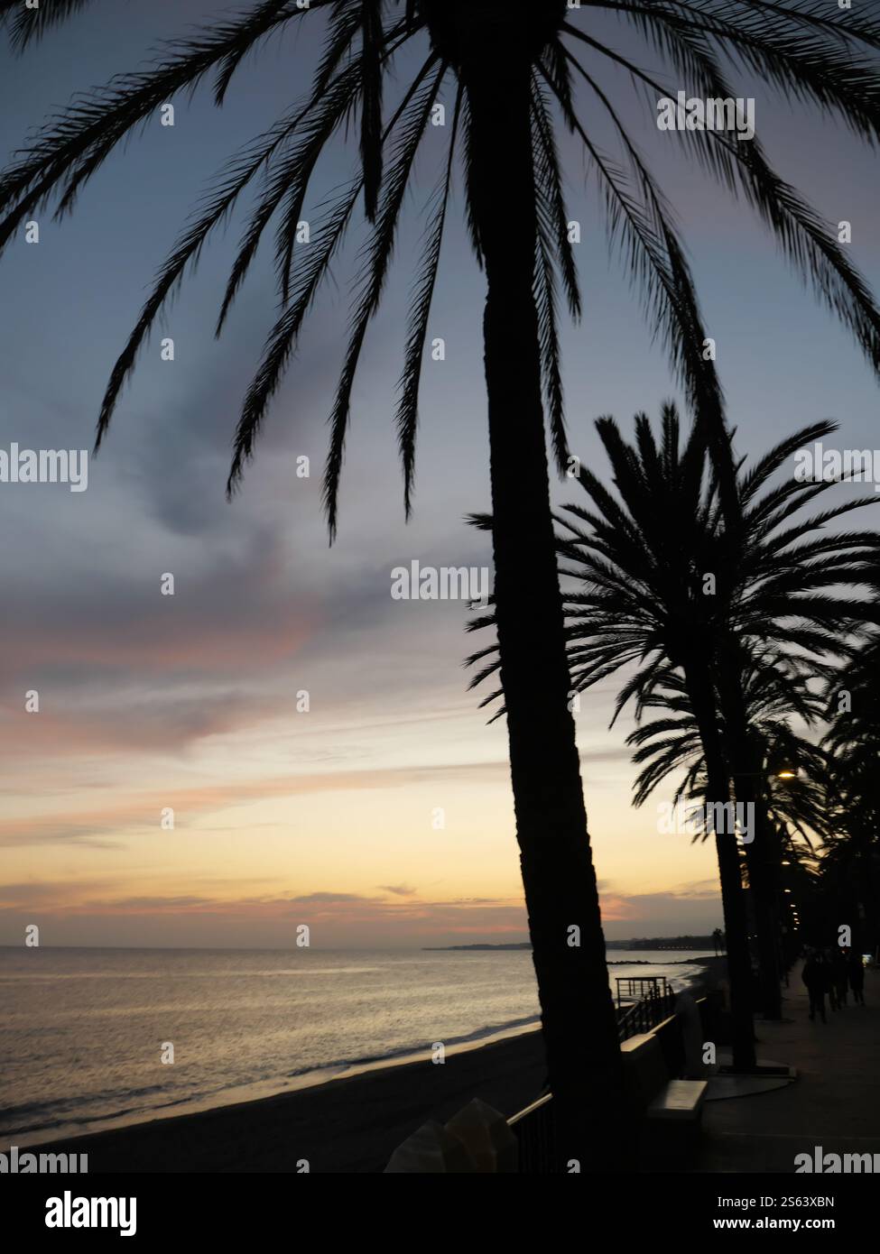 Silhouettes of Plamen in the sunset of Marbella Spain Stock Photo