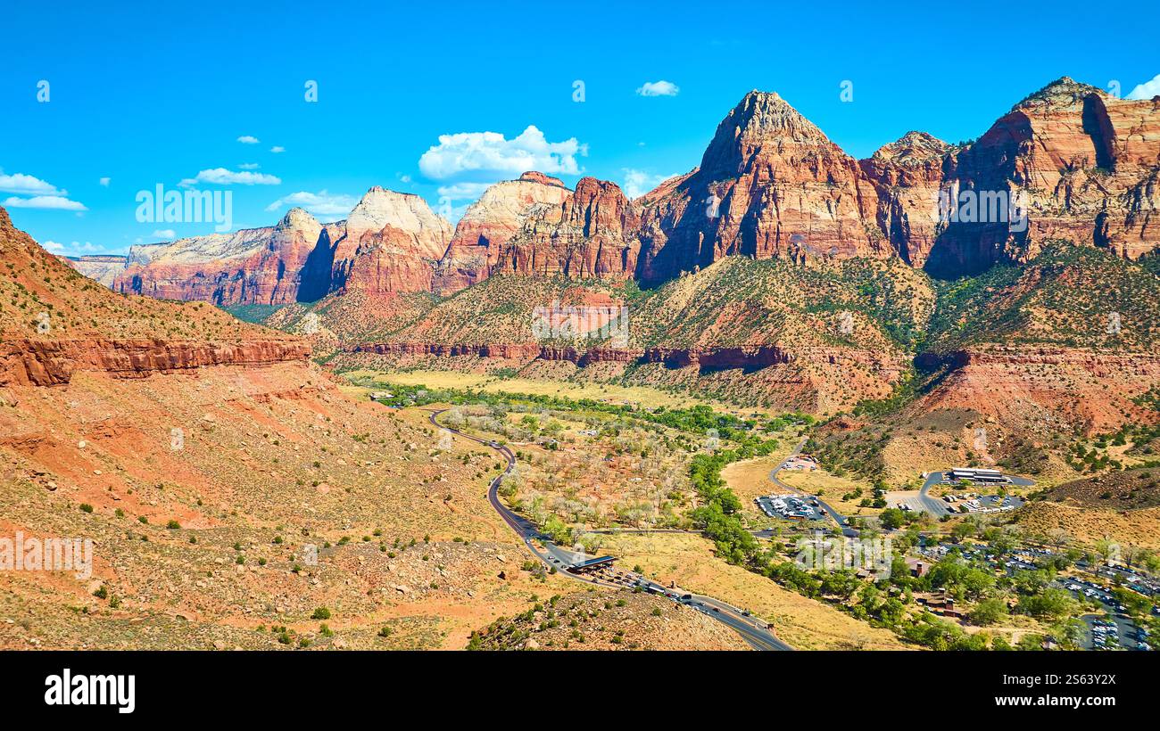 Aerial of Zion National Park Cliffs and Valley Road in Springdale, Utah ...