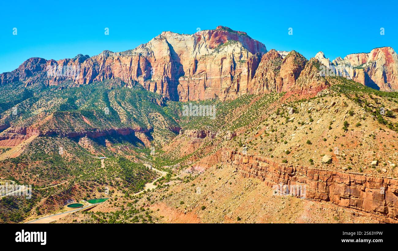 Aerial of Zion National Park Red Rock Cliffs and Desert Terrain Stock ...