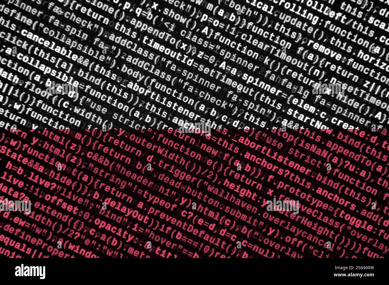 Poland flag is depicted on the screen with the program code. The concept of modern technology and site development. Poland flag is depicted on the Stock Photo