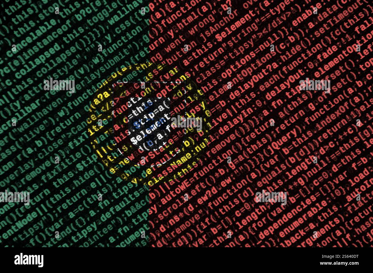 Portugal flag is depicted on the screen with the program code. The concept of modern technology and site development. Portugal flag is depicted on Stock Photo