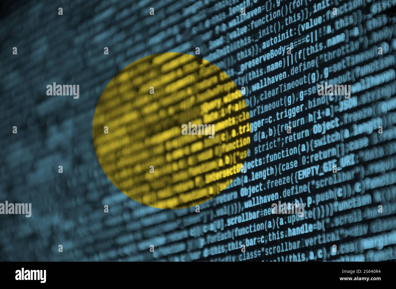 Palau flag is depicted on the screen with the program code. The concept of modern technology and site development. Palau flag is depicted on the Stock Photo