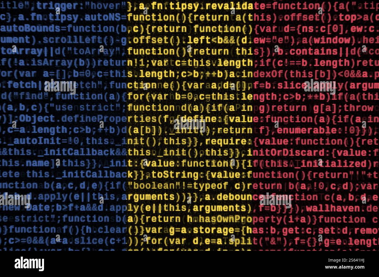 Romania flag is depicted on the screen with the program code. The concept of modern technology and site development. Romania flag is depicted on the Stock Photo