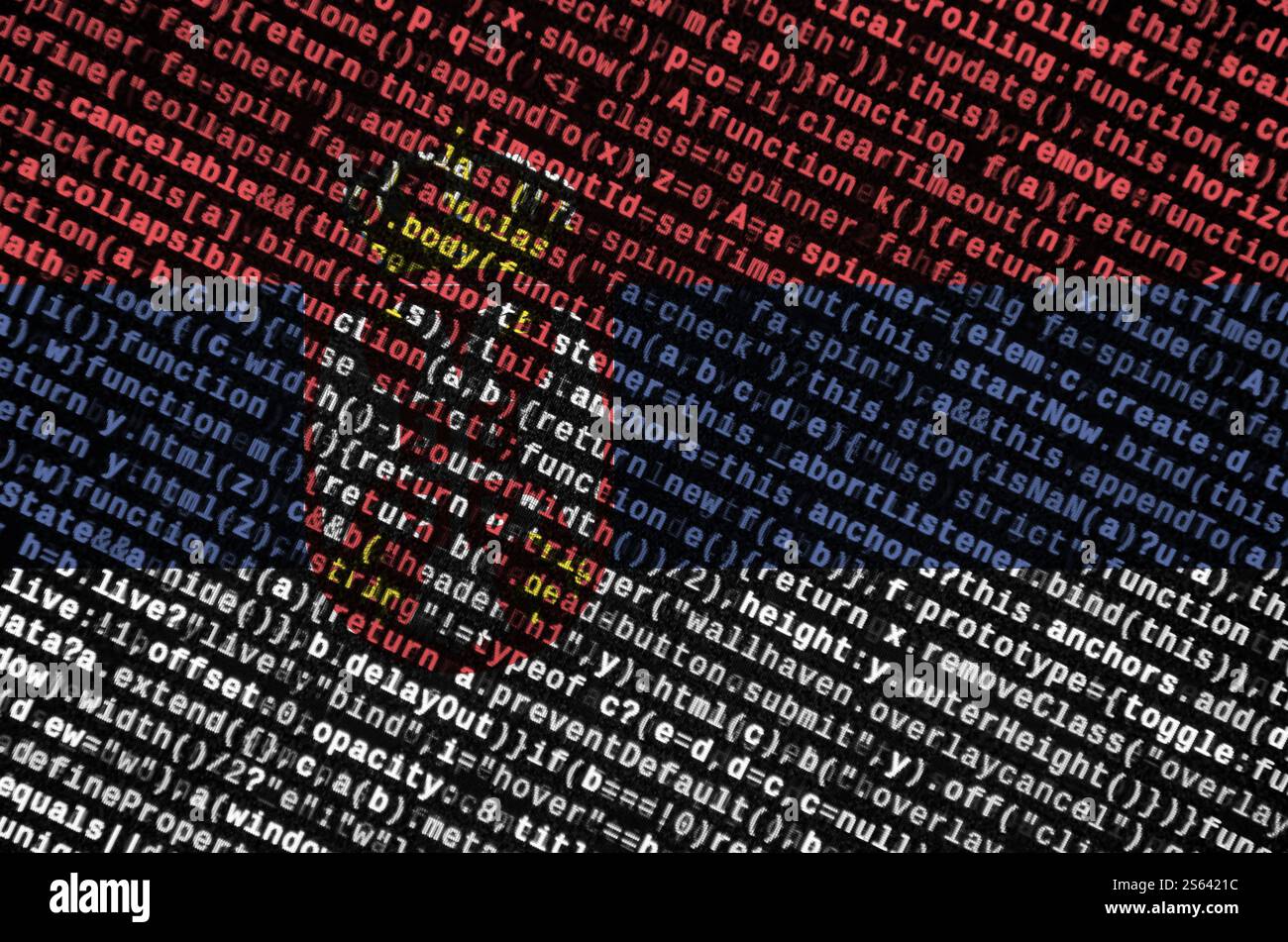 Serbia flag is depicted on the screen with the program code. The concept of modern technology and site development. Serbia flag is depicted on the Stock Photo