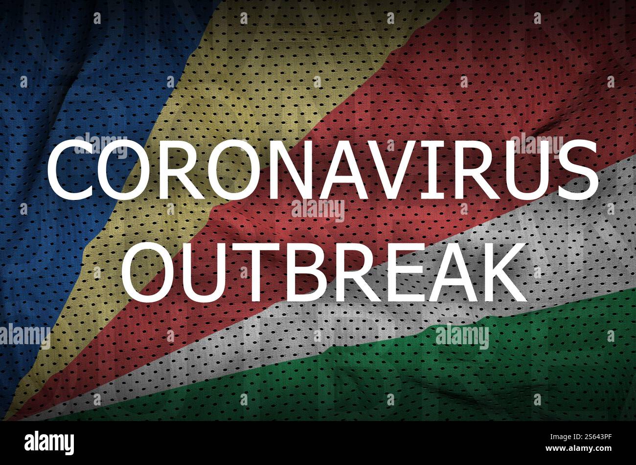 Seychelles flag and Coronavirus outbreak inscription. Covid-19 or 2019-nCov virus concept. Seychelles flag and Coronavirus outbreak inscription. Stock Photo
