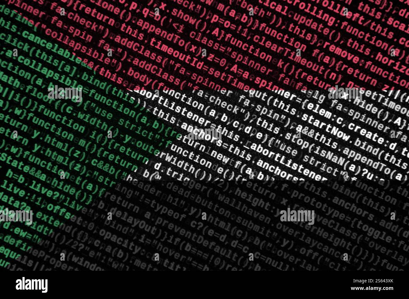 Sudan flag is depicted on the screen with the program code. The concept of modern technology and site development. Sudan flag is depicted on the Stock Photo