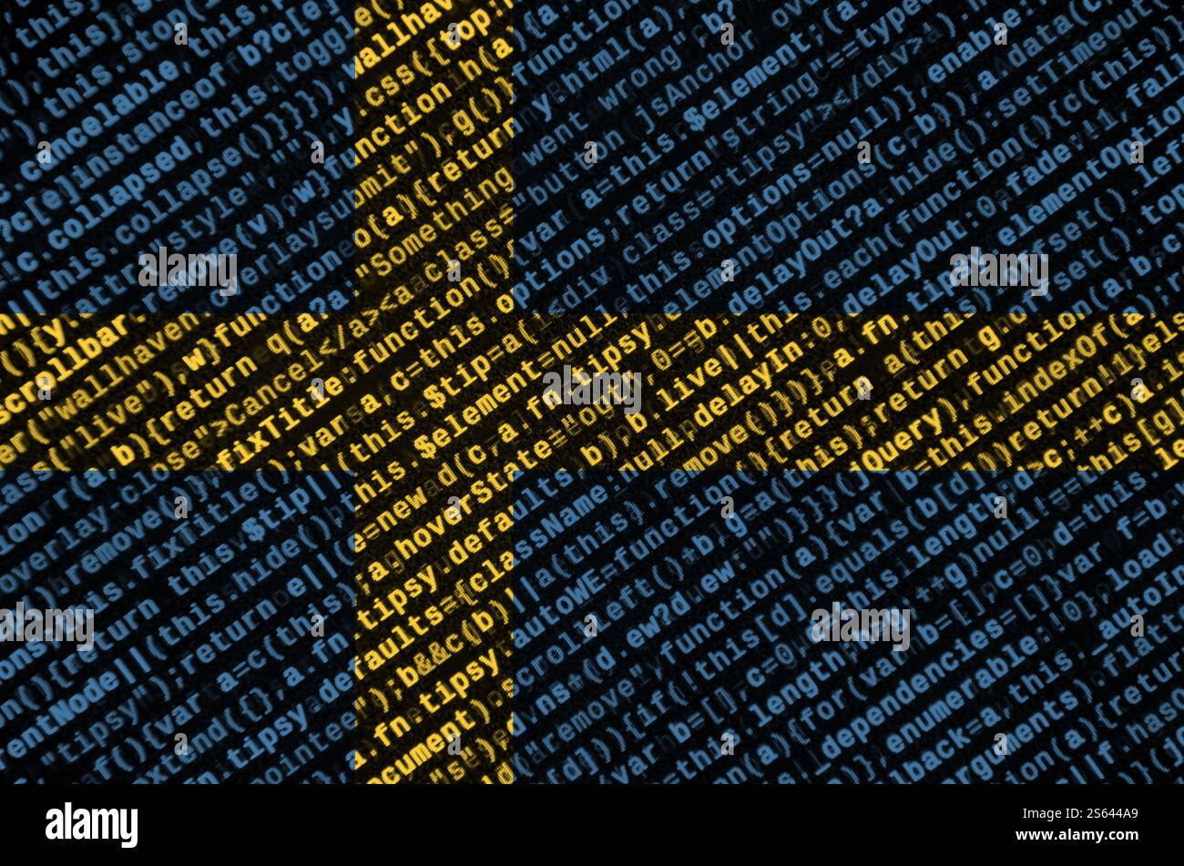 Sweden flag is depicted on the screen with the program code. The concept of modern technology and site development. Sweden flag is depicted on the Stock Photo