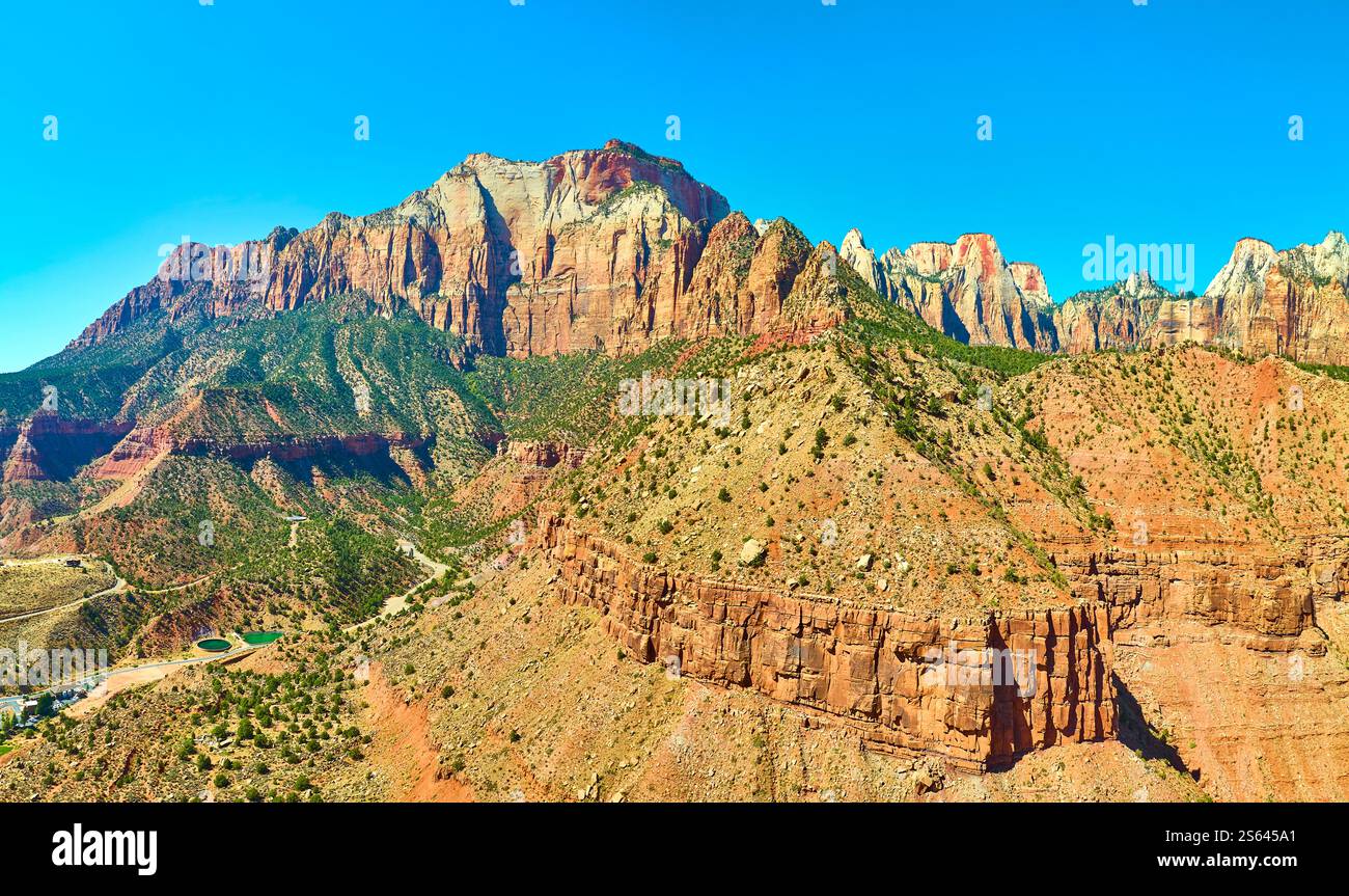 Aerial Panorama of Zion National Park Sandstone Cliffs and Winding Road ...