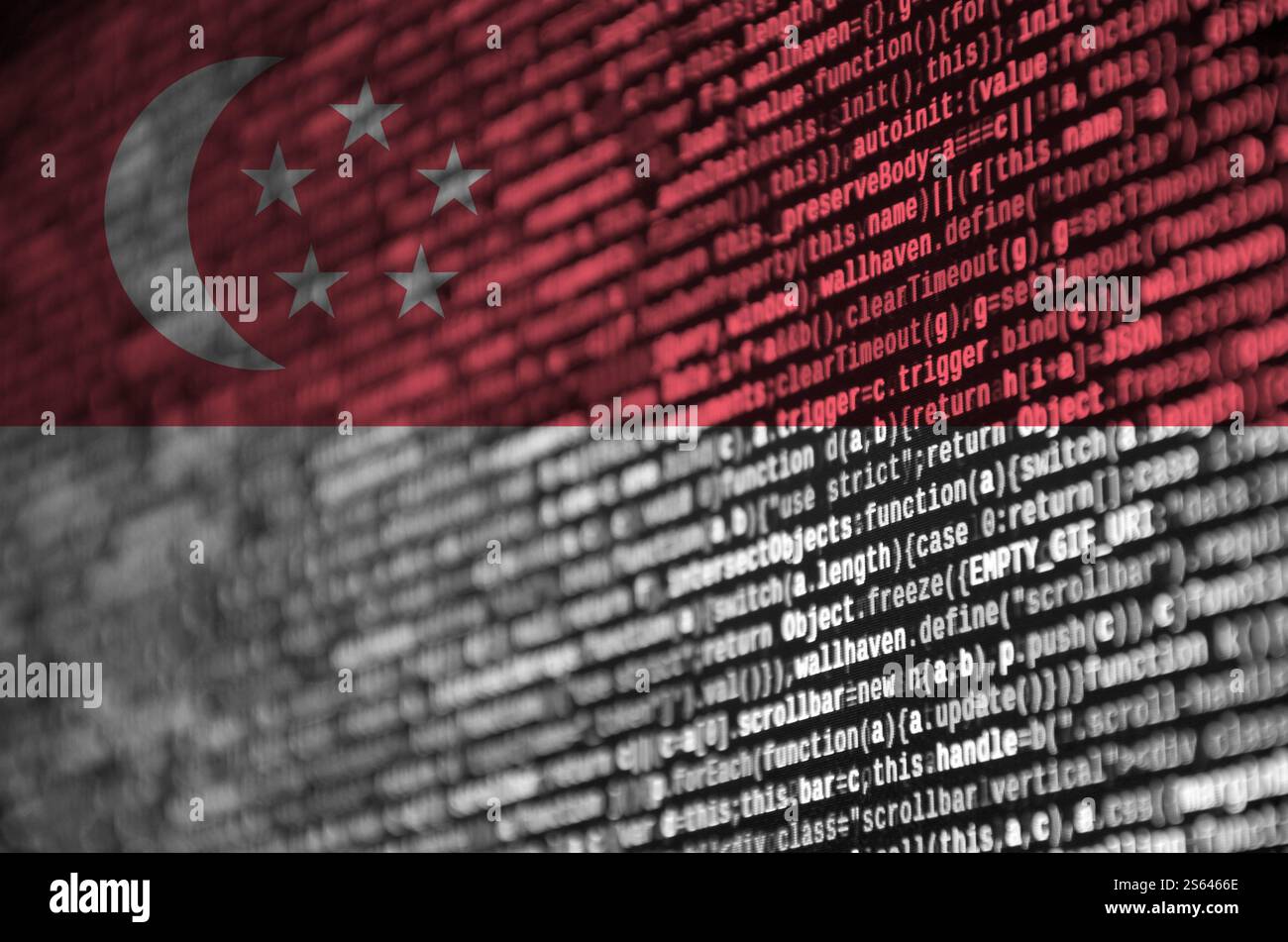 Singapore flag is depicted on the screen with the program code. The concept of modern technology and site development. Singapore flag is depicted on Stock Photo