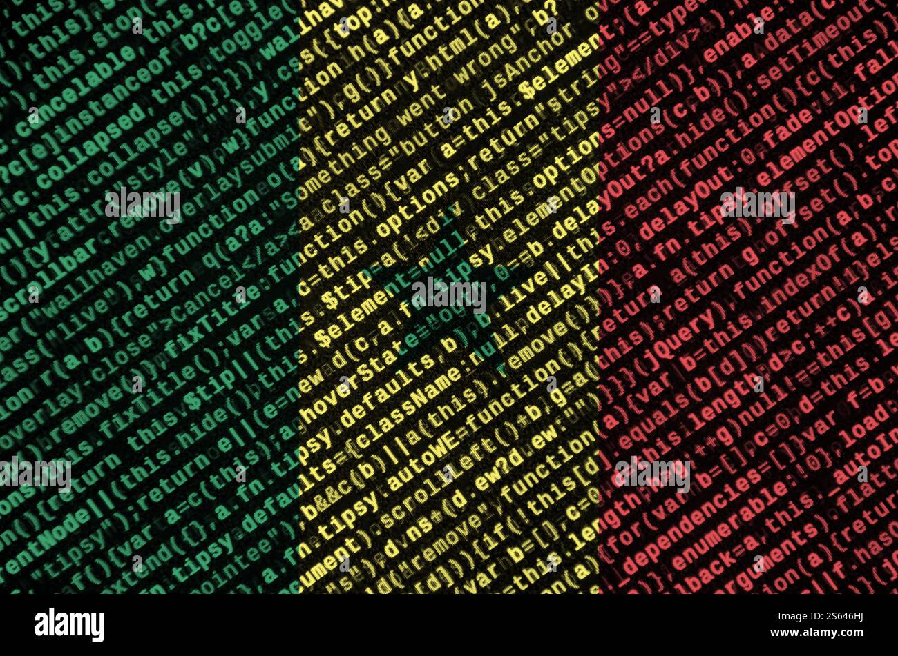 Senegal flag is depicted on the screen with the program code. The concept of modern technology and site development. Senegal flag is depicted on the Stock Photo