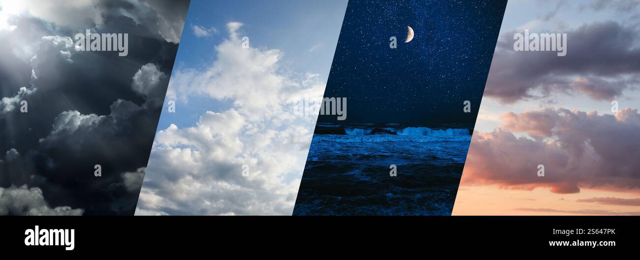Sky in different weather and time of day, collage. Banner design Stock ...