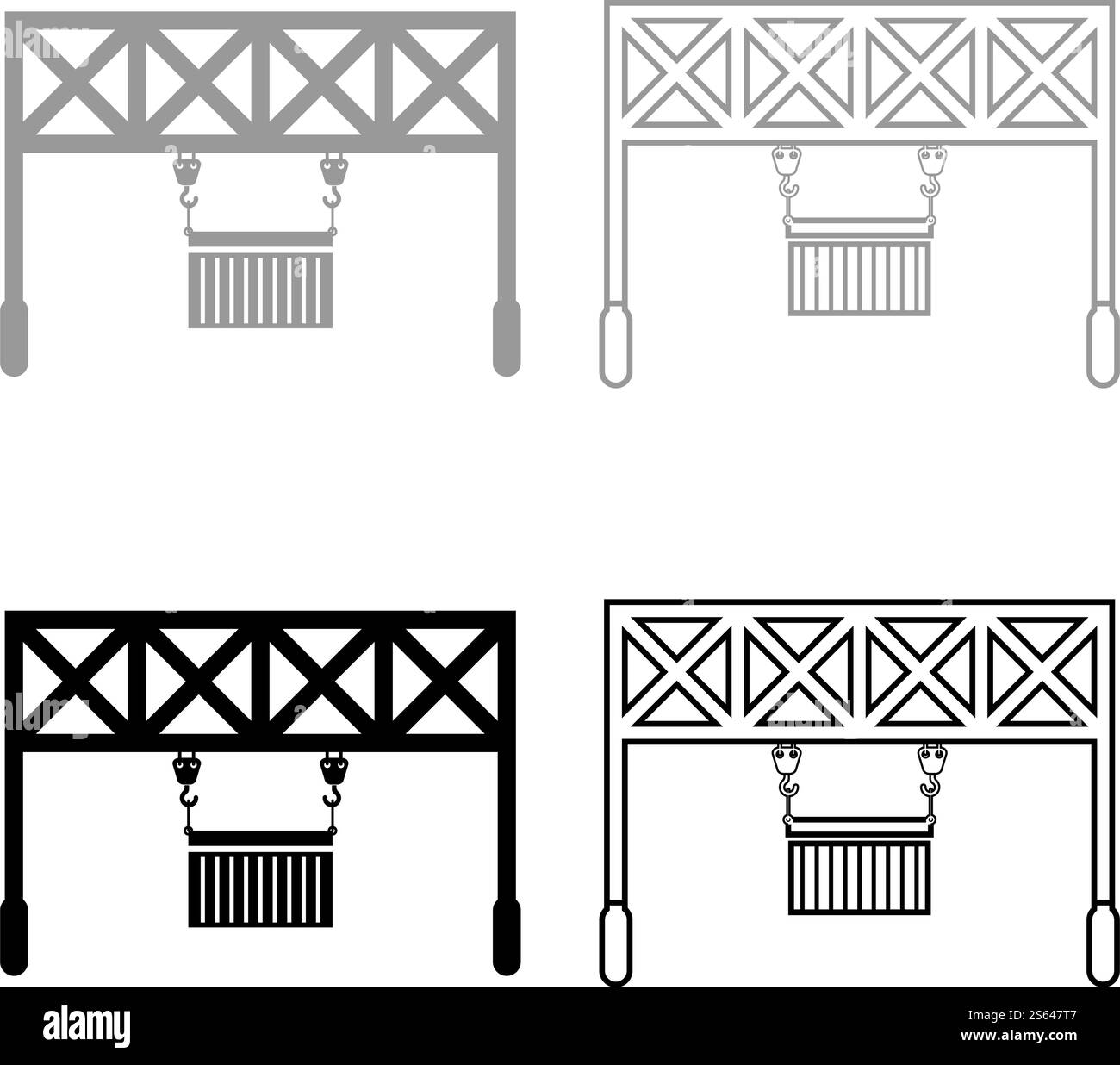 Port loader Railway crane with cargo container Lifting goods Logistic technology Terminal service icon outline set black grey color vector illustration flat style simple image. Port loader Railway crane with cargo container Lifting goods Logistic technology Terminal service icon outline set black grey color vector illustration flat style image Stock Vector