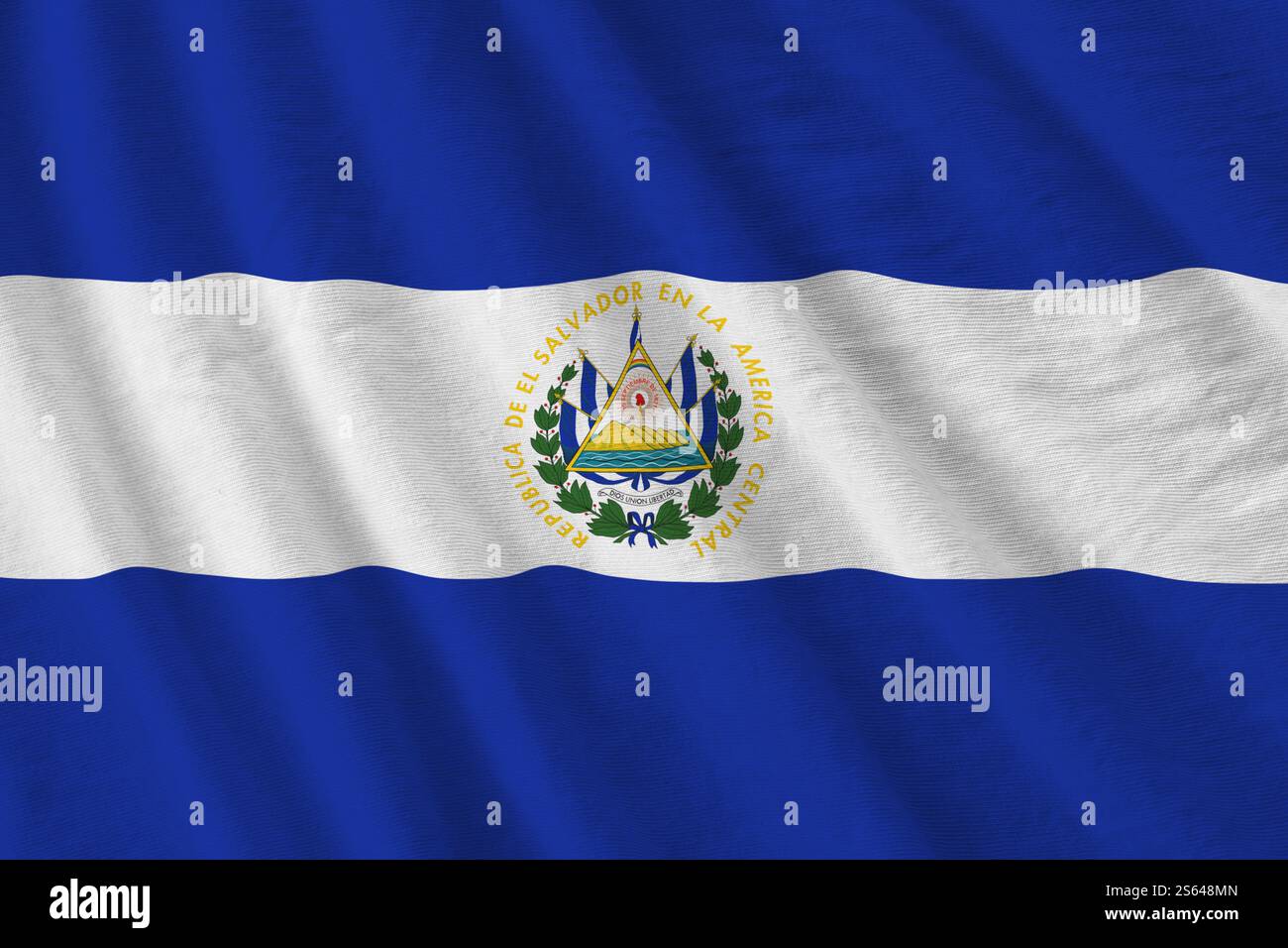 El Salvador Flag With Big Folds Waving Close Up Under The Studio Light el-salvador-flag-with-big-folds-waving-close-up-under-the-studio-light