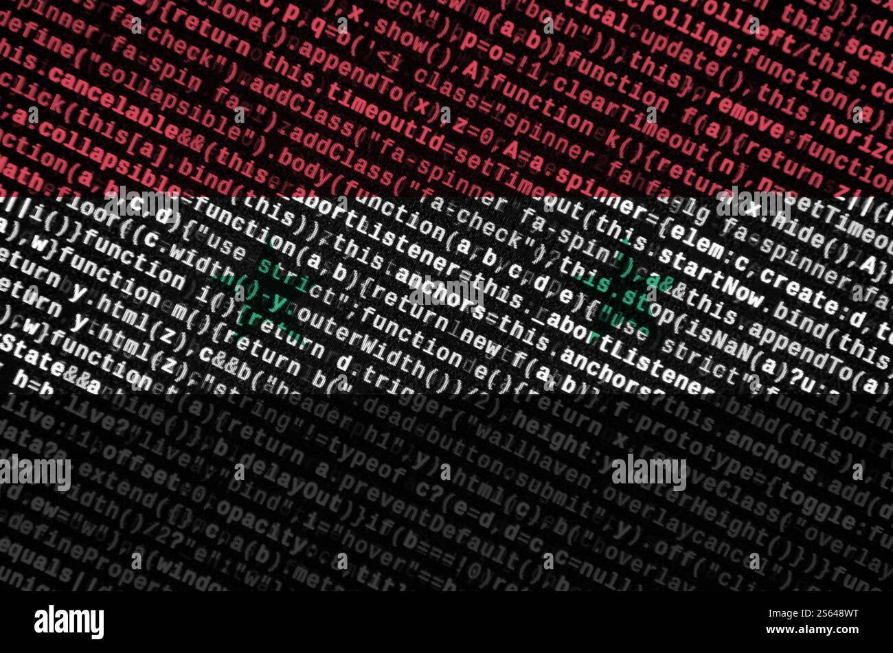 Syria flag is depicted on the screen with the program code. The concept of modern technology and site development. Syria flag is depicted on the Stock Photo