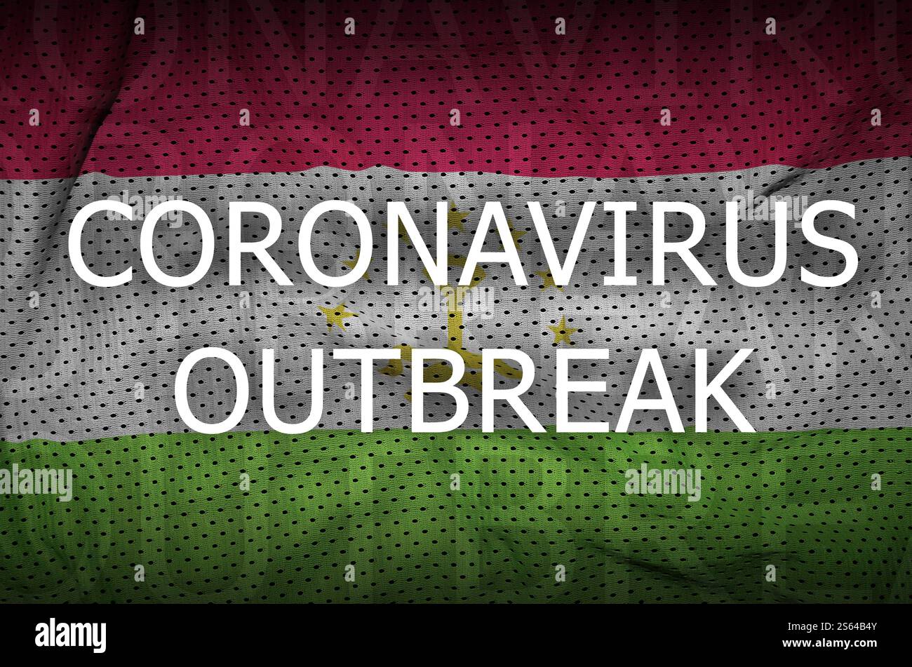 Tajikistan flag and Coronavirus outbreak inscription. Covid-19 or 2019-nCov virus concept. Tajikistan flag and Coronavirus outbreak inscription. Stock Photo