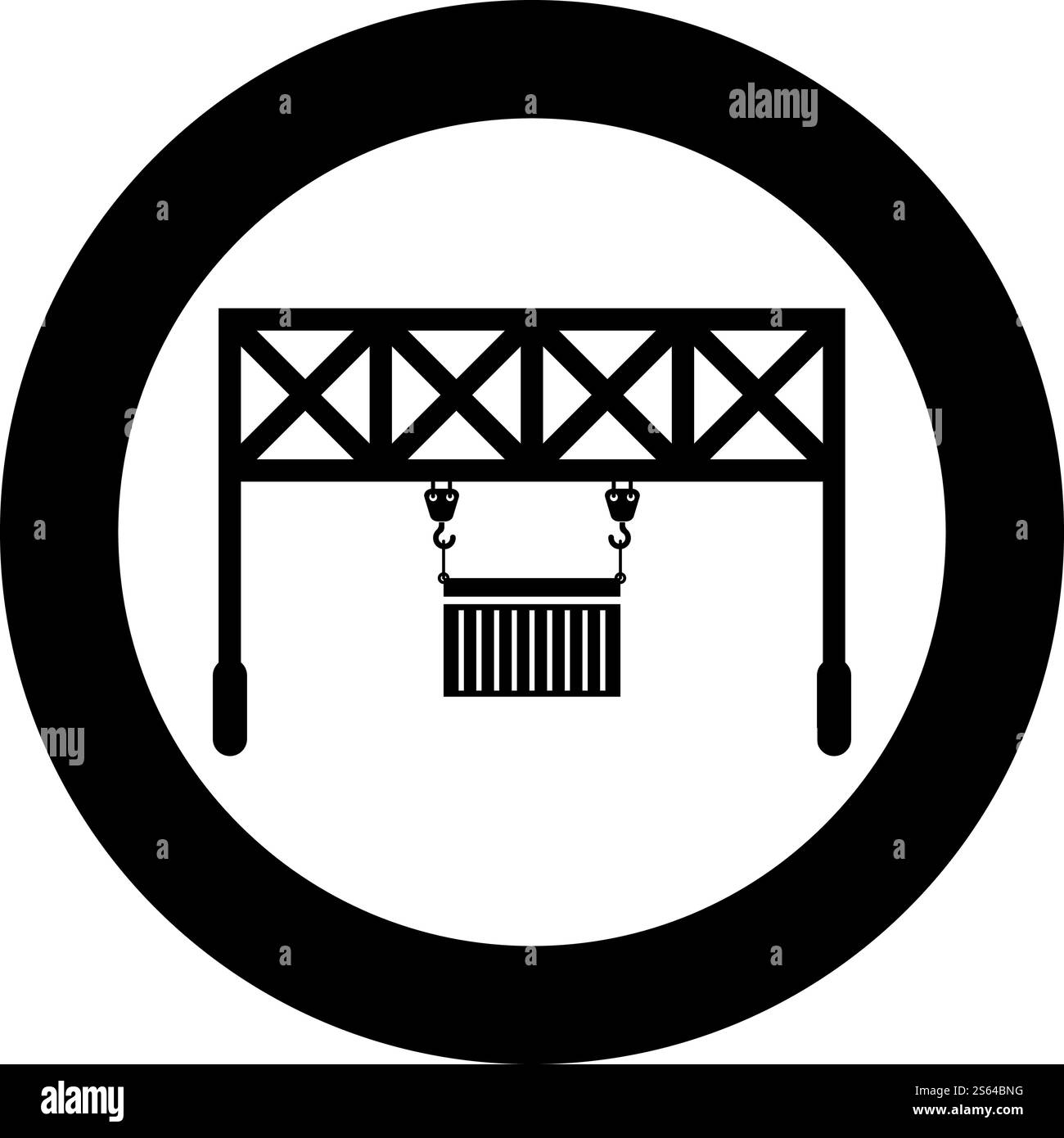 Port loader Railway crane with cargo container Lifting goods Logistic technology Terminal service icon in circle round black color vector illustration flat style simple image. Port loader Railway crane with cargo container Lifting goods Logistic technology Terminal service icon in circle round black color vector illustration flat style image Stock Vector