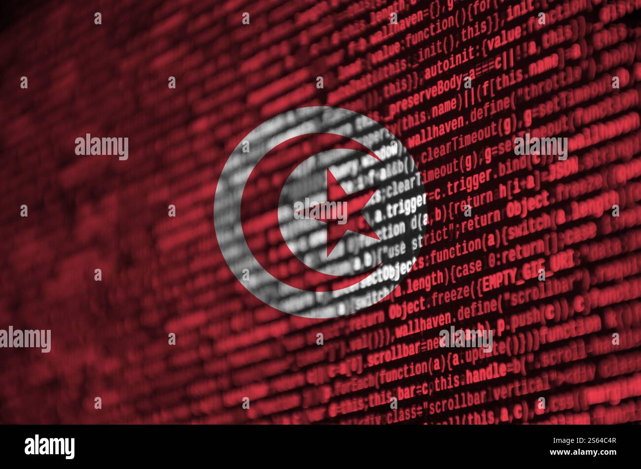 Tunisia flag is depicted on the screen with the program code. The concept of modern technology and site development. Tunisia flag is depicted on the Stock Photo