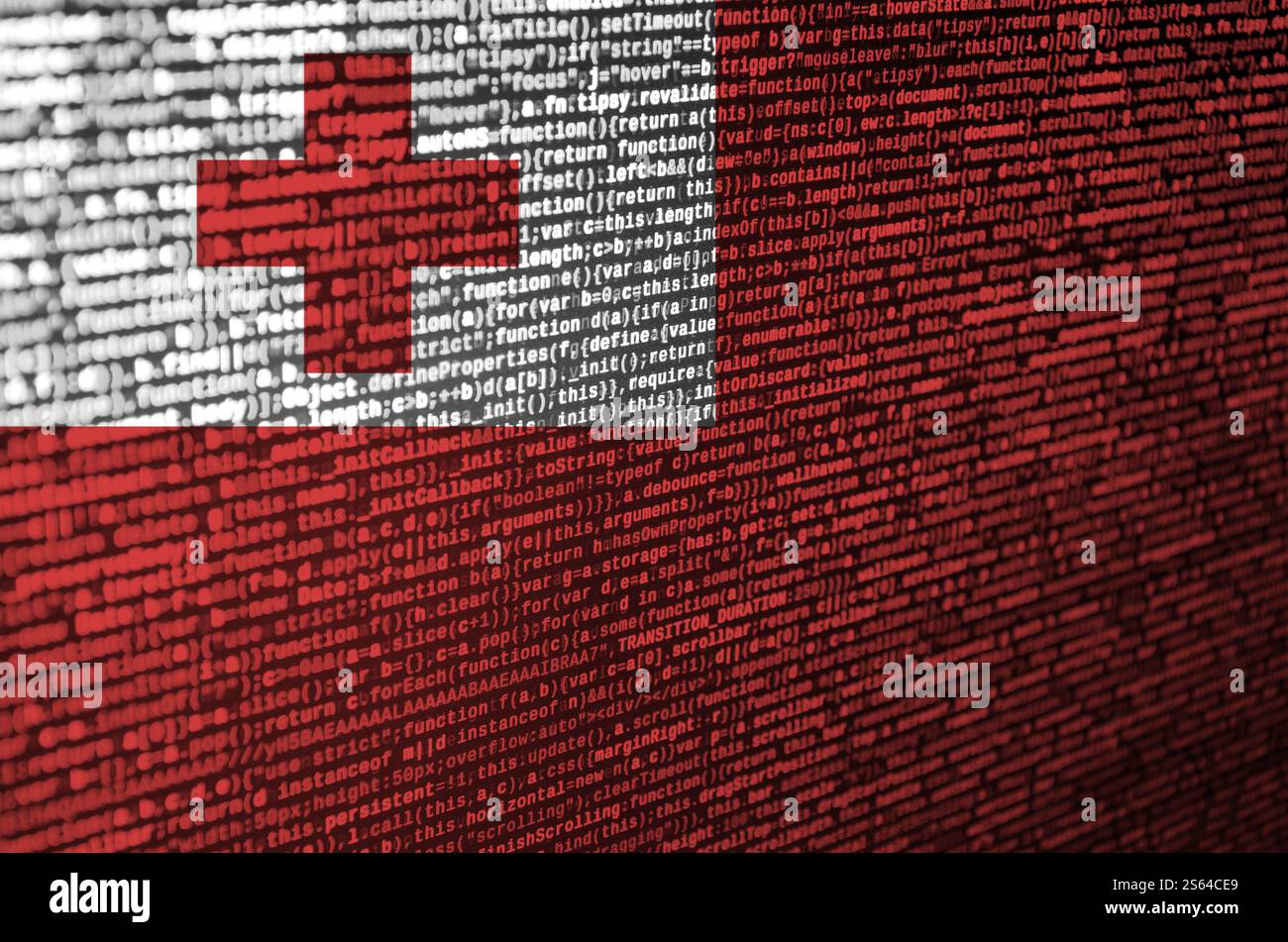 Tonga flag is depicted on the screen with the program code. The concept of modern technology and site development. Tonga flag is depicted on the Stock Photo