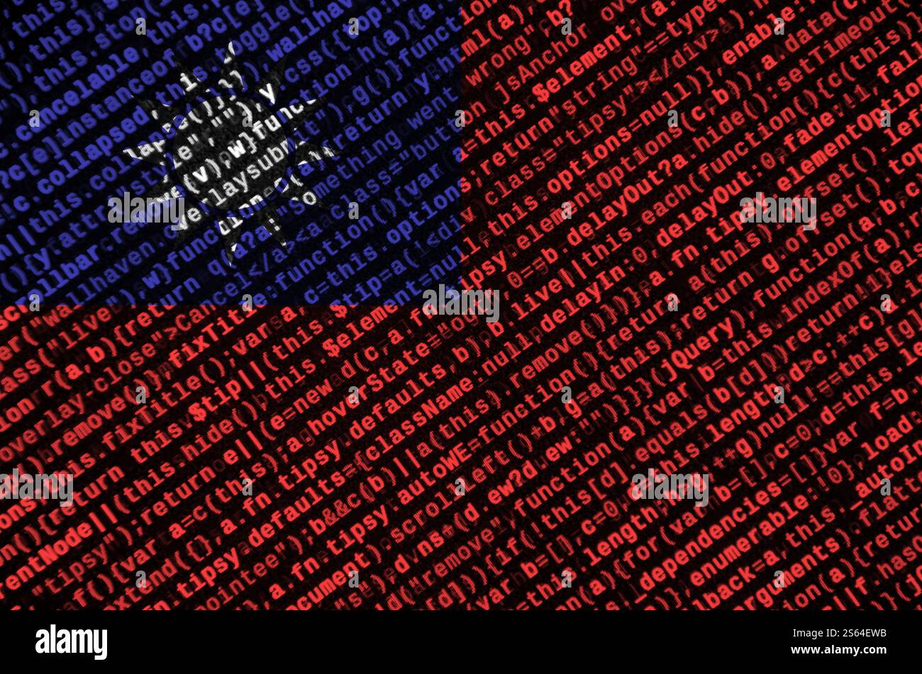 Taiwan flag is depicted on the screen with the program code. The concept of modern technology and site development. Taiwan flag is depicted on the Stock Photo