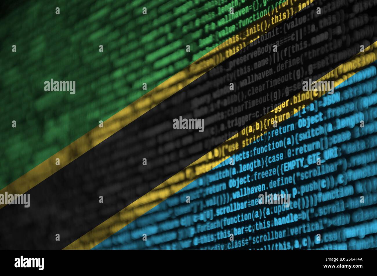 Tanzania flag is depicted on the screen with the program code. The concept of modern technology and site development. Tanzania flag is depicted on Stock Photo
