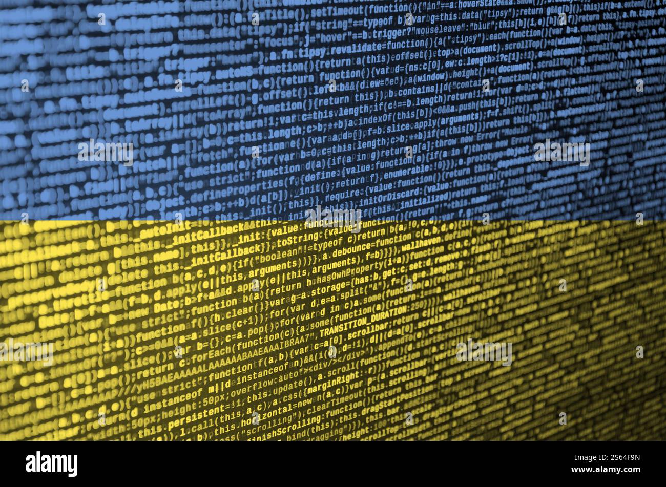 Ukraine flag is depicted on the screen with the program code. The concept of modern technology and site development. Ukraine flag is depicted on the Stock Photo
