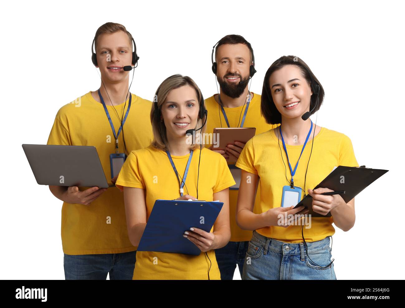 Technical support call center. Team of friendly operators on white ...