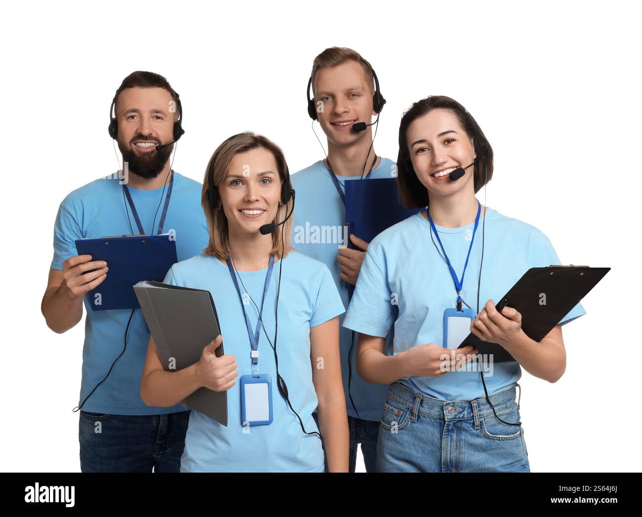 Technical support call center. Team of friendly operators on white ...