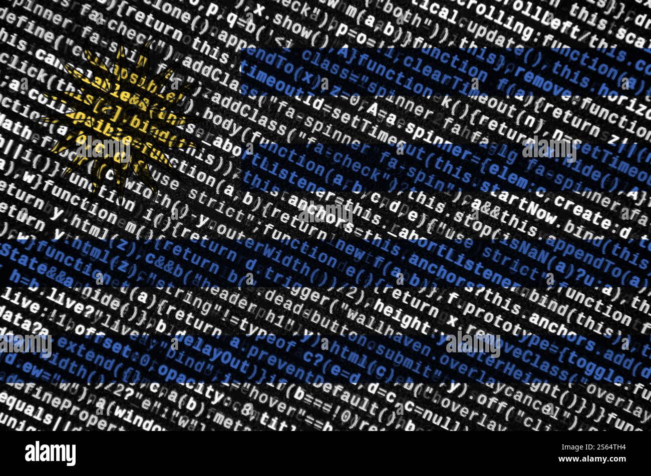 Uruguay flag is depicted on the screen with the program code. The concept of modern technology and site development. Uruguay flag is depicted on the Stock Photo