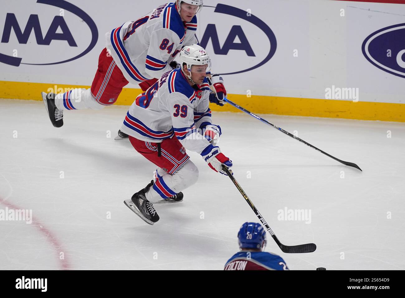 New York Rangers centers Sam Carrick (39) and Adam Edstrom (84) in the ...