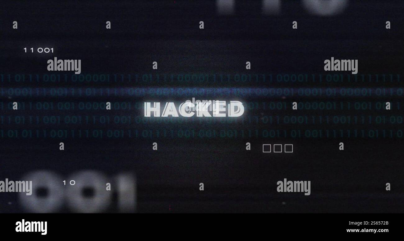 Image of binary coding data processing over hacked text Stock Photo