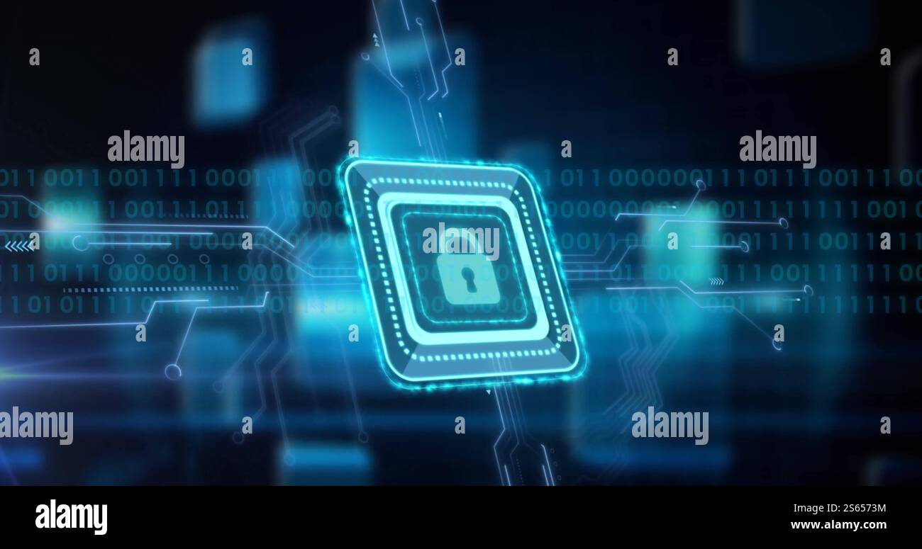 Image of padlock icon, binary coding data processing over circuit board Stock Photo