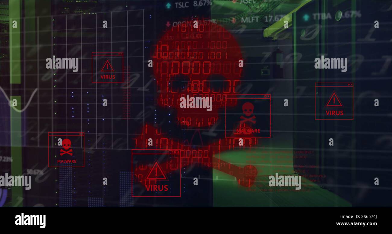 Image of skull and bones and data processing over computer servers Stock Photo