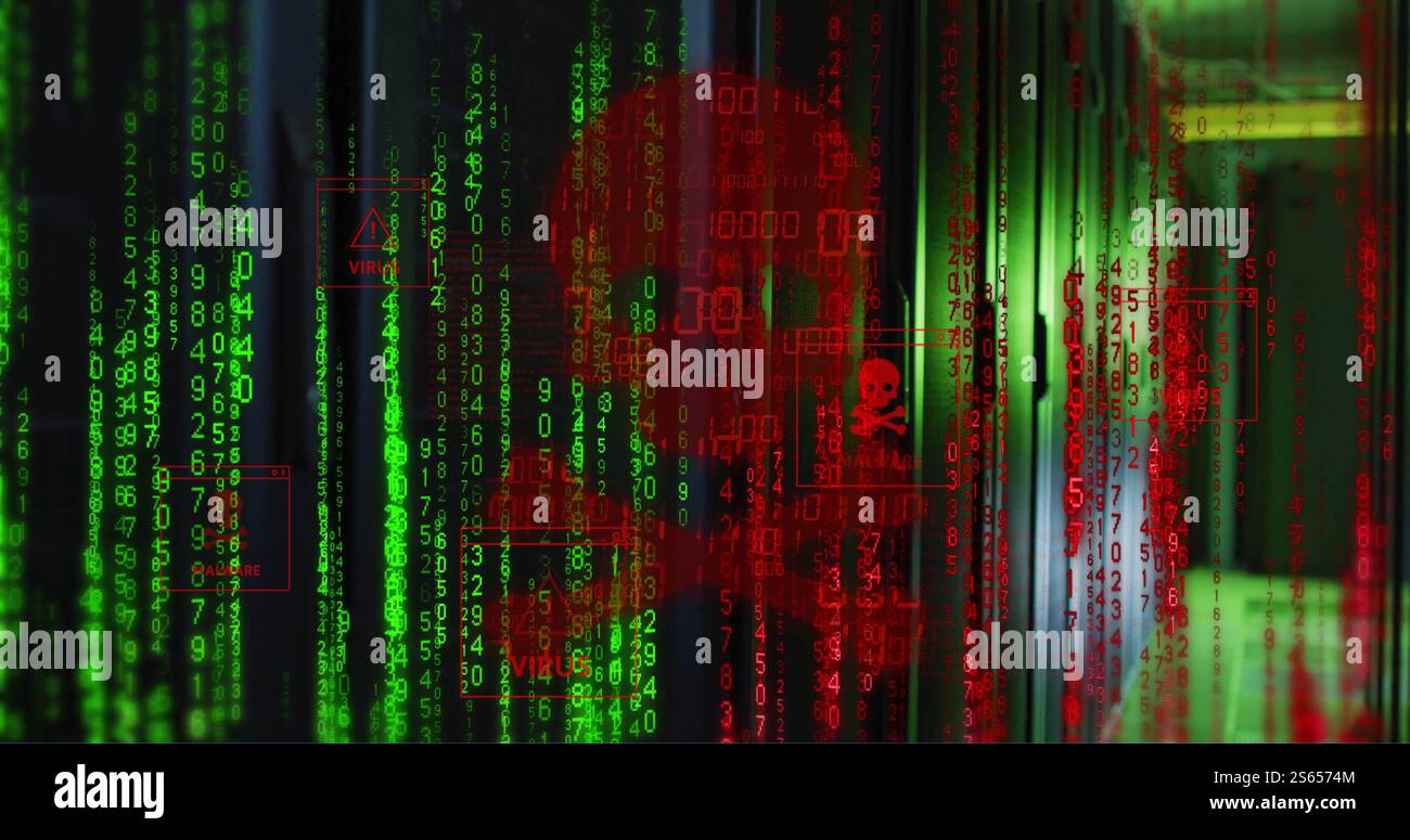 Image of skull and bones, binary coding and data processing over computer servers Stock Photo