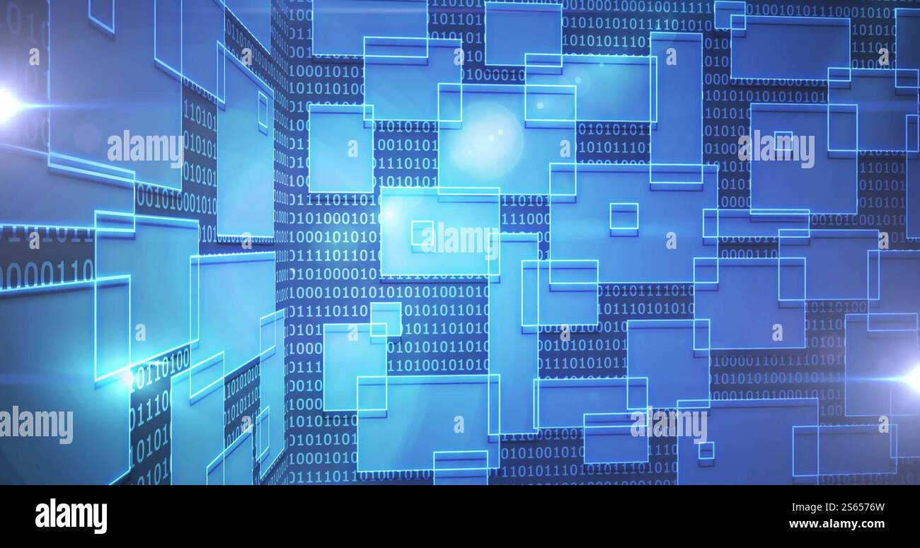 Binary code and geometric shapes image over blue digital background ...