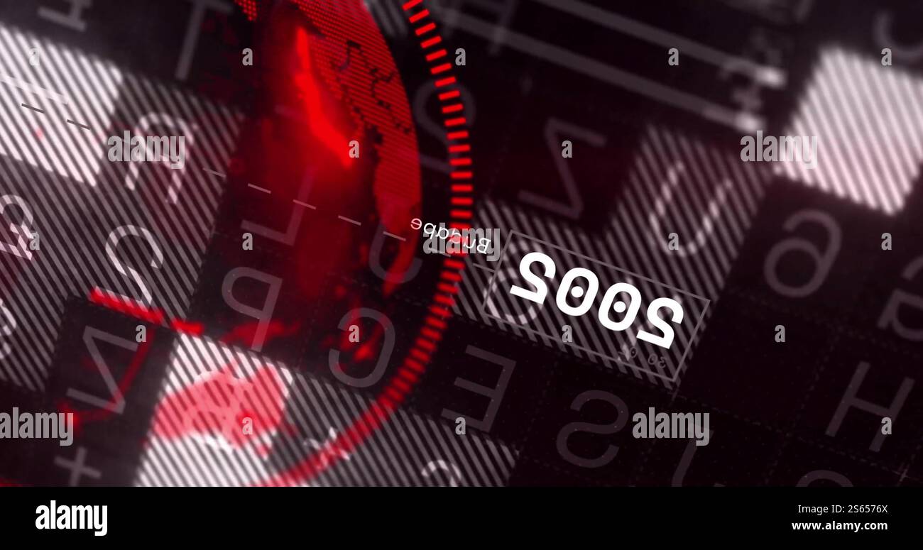 Digital code and world map image over red and black background Stock Photo