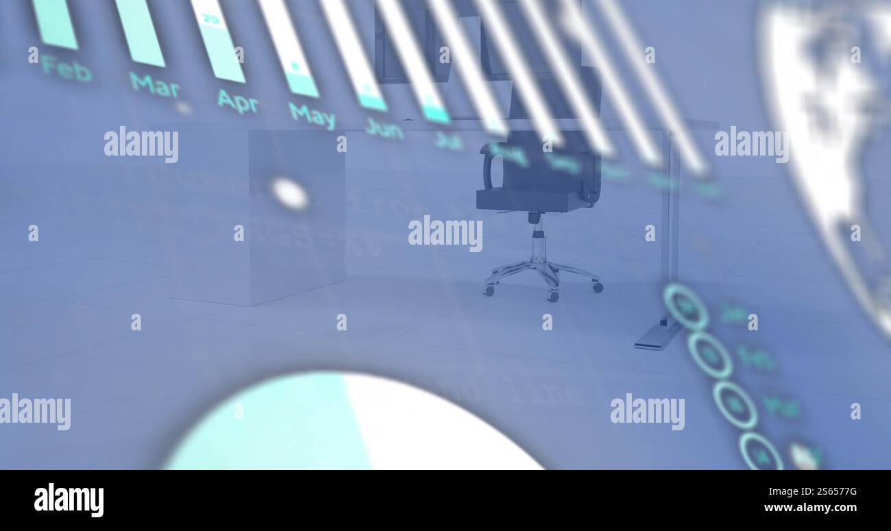 Image of globe and charts processing data over blue office Stock Photo